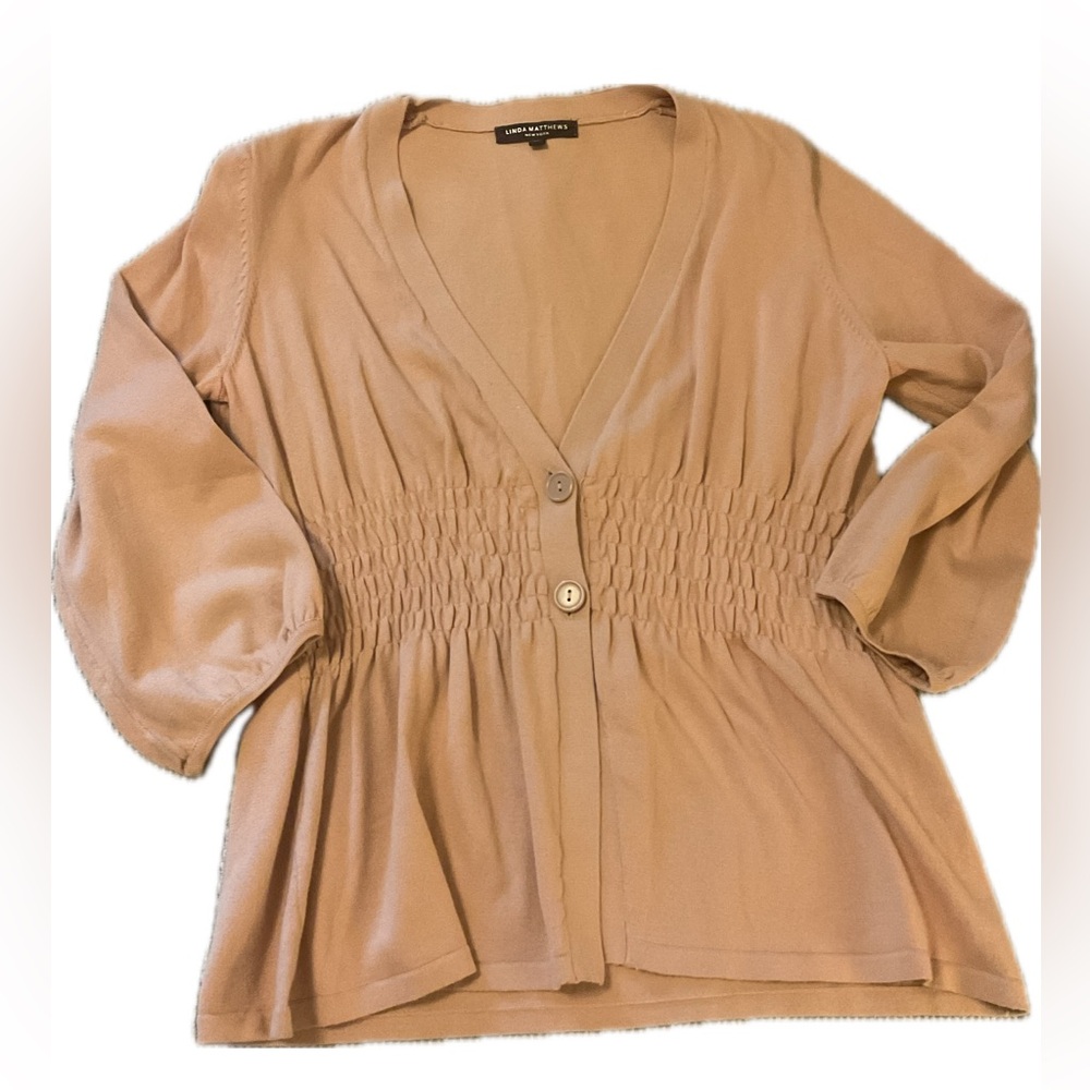 Linda Matthew New York Tan Smocked 2 Button Sweater.